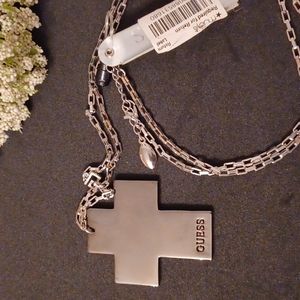 (Nwt) Guess 40" Sterling Silver chain w/ Cross attached